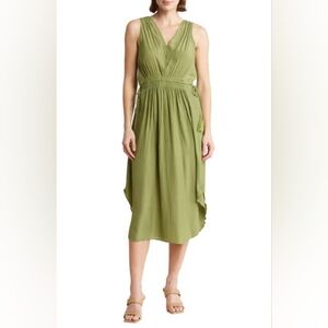 T Tahari V-Neck Sleeveless Drawstring Waist Midi Dress, Medium, FOREST GREEN